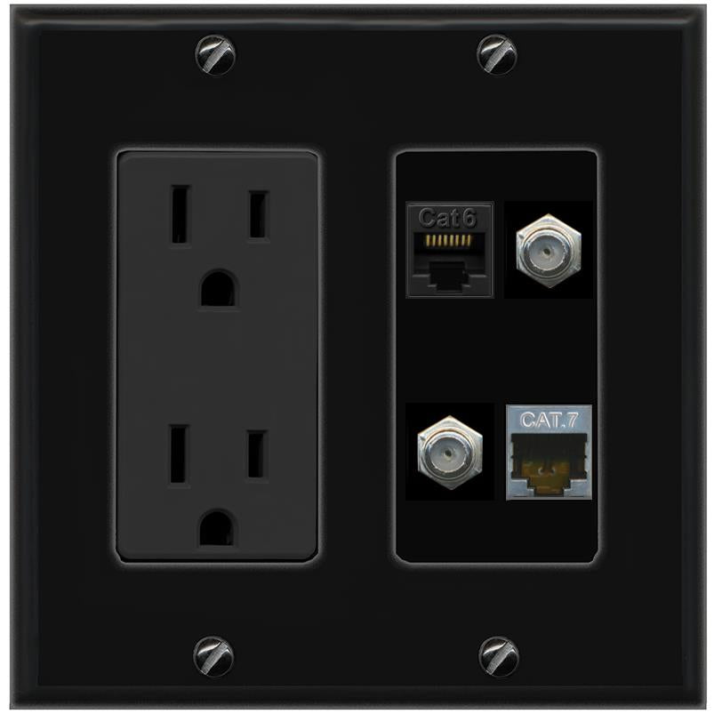 RiteAV CAT6 CAT7 2 COAX Wall Plate with 15A Power Outlet [Black]