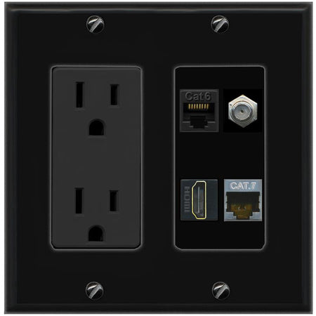 RiteAV CAT6 CAT7 COAX HDMI Wall Plate with 15A Power Outlet [Black]