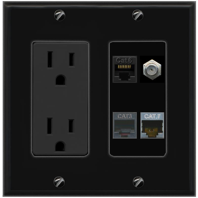RiteAV CAT6 CAT7 COAX PHONE Wall Plate with 15A Power Outlet [Black]
