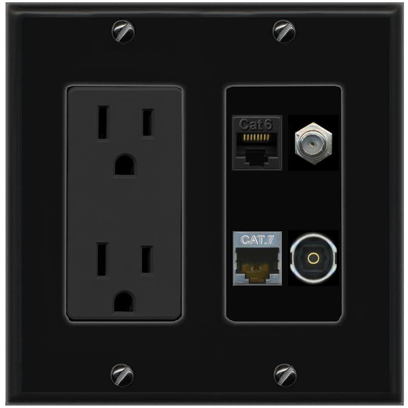 RiteAV CAT6 CAT7 COAX TOSLINK Wall Plate with 15A Power Outlet [Black]