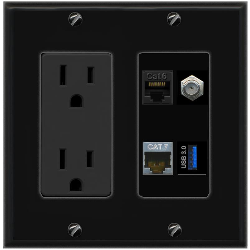 RiteAV CAT6 CAT7 COAX USB-3 Wall Plate with 15A Power Outlet [Black]