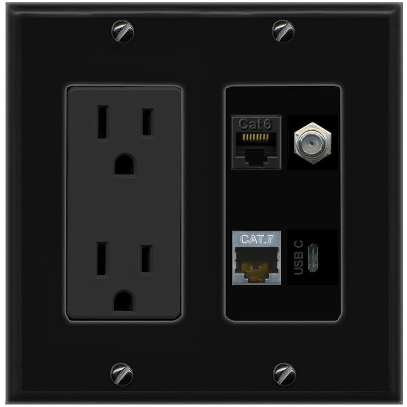RiteAV CAT6 CAT7 COAX USBC Wall Plate with 15A Power Outlet [Black]