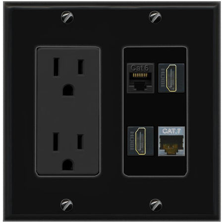 RiteAV CAT6 CAT7 2 HDMI Wall Plate with 15A Power Outlet [Black]