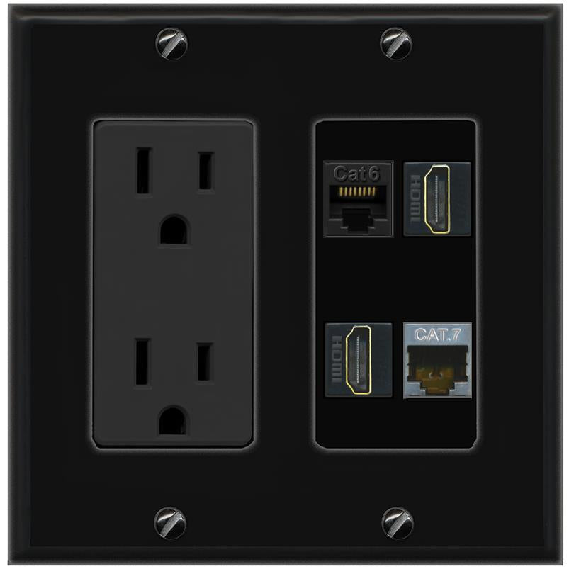 RiteAV CAT6 CAT7 2 HDMI Wall Plate with 15A Power Outlet [Black]