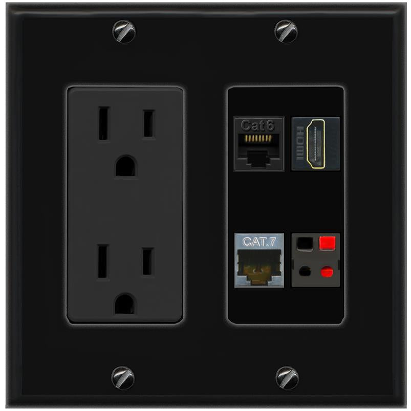 RiteAV CAT6 CAT7 HDMI SPEAKER Wall Plate with 15A Power Outlet [Black]