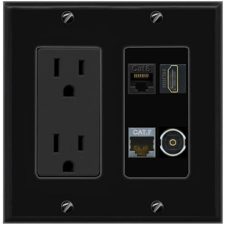 RiteAV CAT6 CAT7 HDMI TOSLINK Wall Plate with 15A Power Outlet [Black]