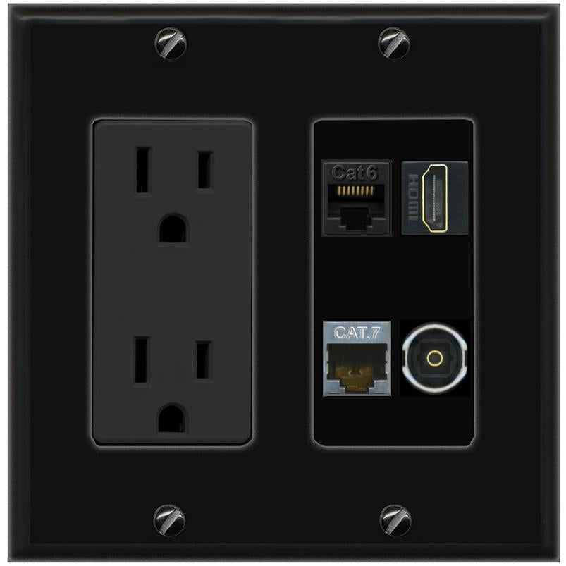 RiteAV CAT6 CAT7 HDMI TOSLINK Wall Plate with 15A Power Outlet [Black]