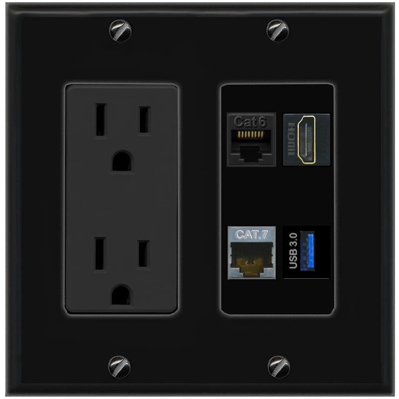 RiteAV CAT6 CAT7 HDMI USB-3 Wall Plate with 15A Power Outlet [Black]