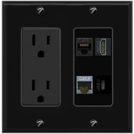 RiteAV CAT6 CAT7 HDMI USBC Wall Plate with 15A Power Outlet [Black]