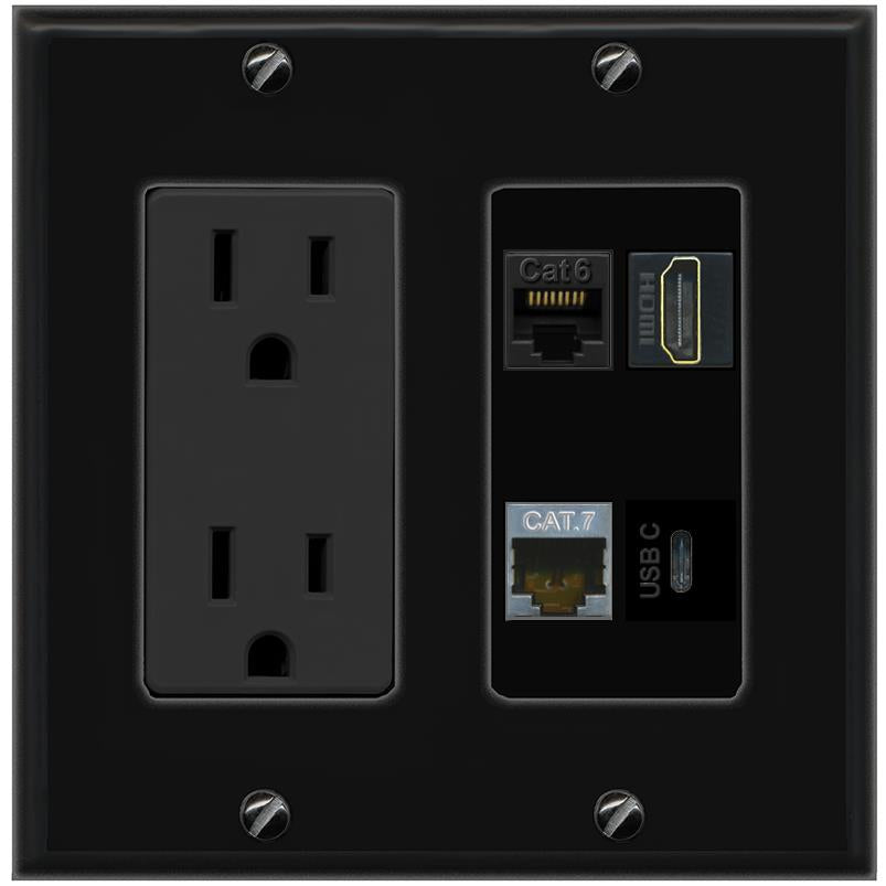 RiteAV CAT6 CAT7 HDMI USBC Wall Plate with 15A Power Outlet [Black]