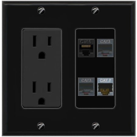 RiteAV CAT6 CAT7 2 PHONE Wall Plate with 15A Power Outlet [Black]