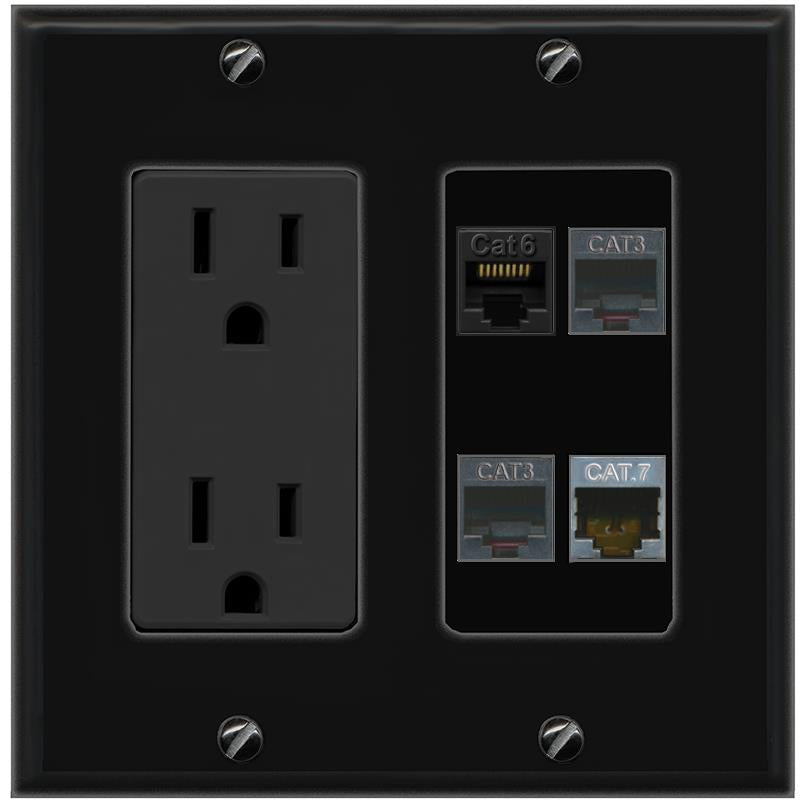 RiteAV CAT6 CAT7 2 PHONE Wall Plate with 15A Power Outlet [Black]