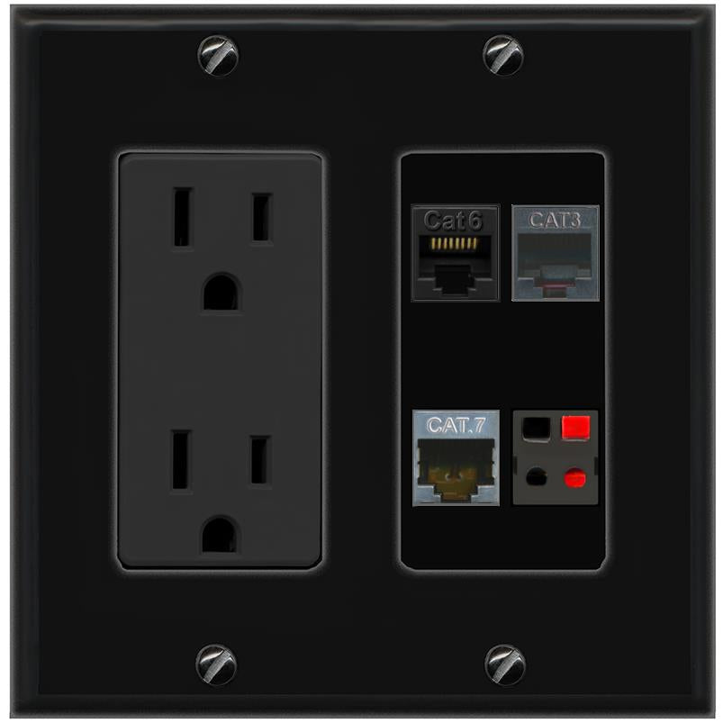 RiteAV CAT6 CAT7 PHONE SPEAKER Wall Plate with 15A Power Outlet [Black]