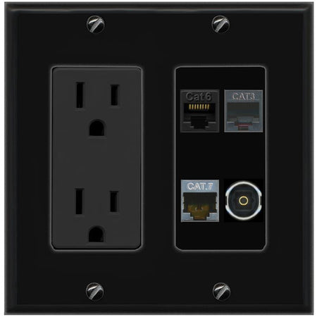 RiteAV CAT6 CAT7 PHONE TOSLINK Wall Plate with 15A Power Outlet [Black]