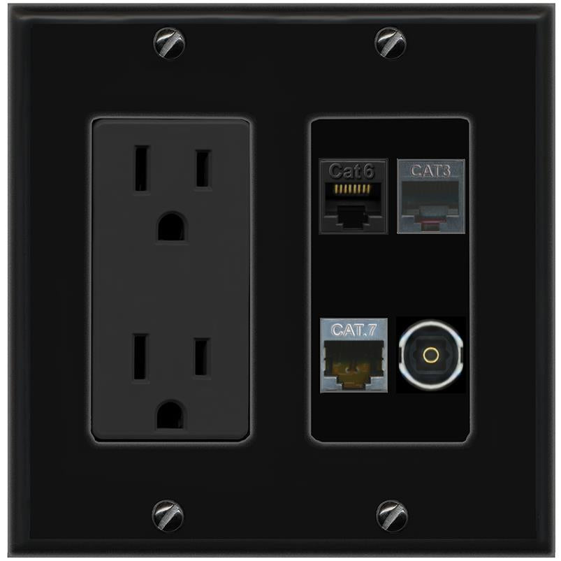 RiteAV CAT6 CAT7 PHONE TOSLINK Wall Plate with 15A Power Outlet [Black]