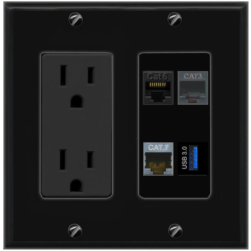RiteAV CAT6 CAT7 PHONE USB-3 Wall Plate with 15A Power Outlet [Black]