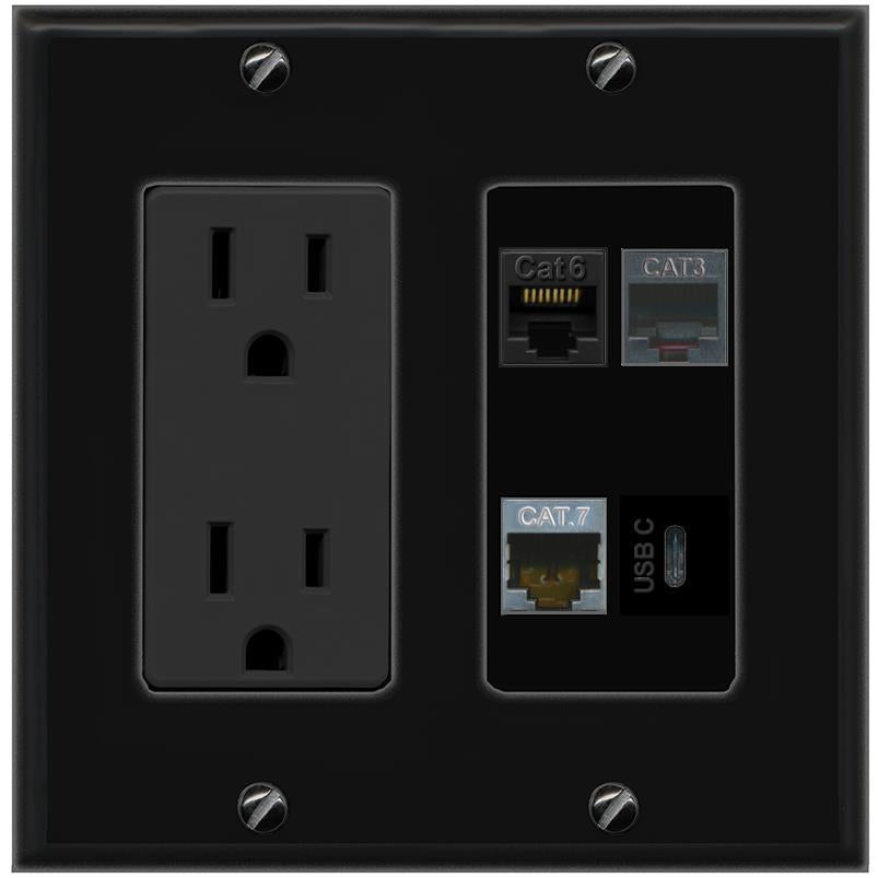 RiteAV CAT6 CAT7 PHONE USBC Wall Plate with 15A Power Outlet [Black]