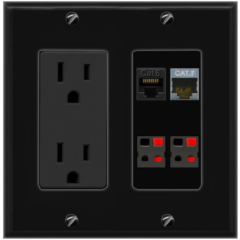 RiteAV CAT6 CAT7 2 SPEAKER Wall Plate with 15A Power Outlet [Black]