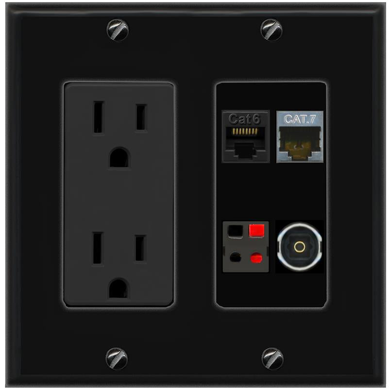 RiteAV CAT6 CAT7 SPEAKER TOSLINK Wall Plate with 15A Power Outlet [Black]