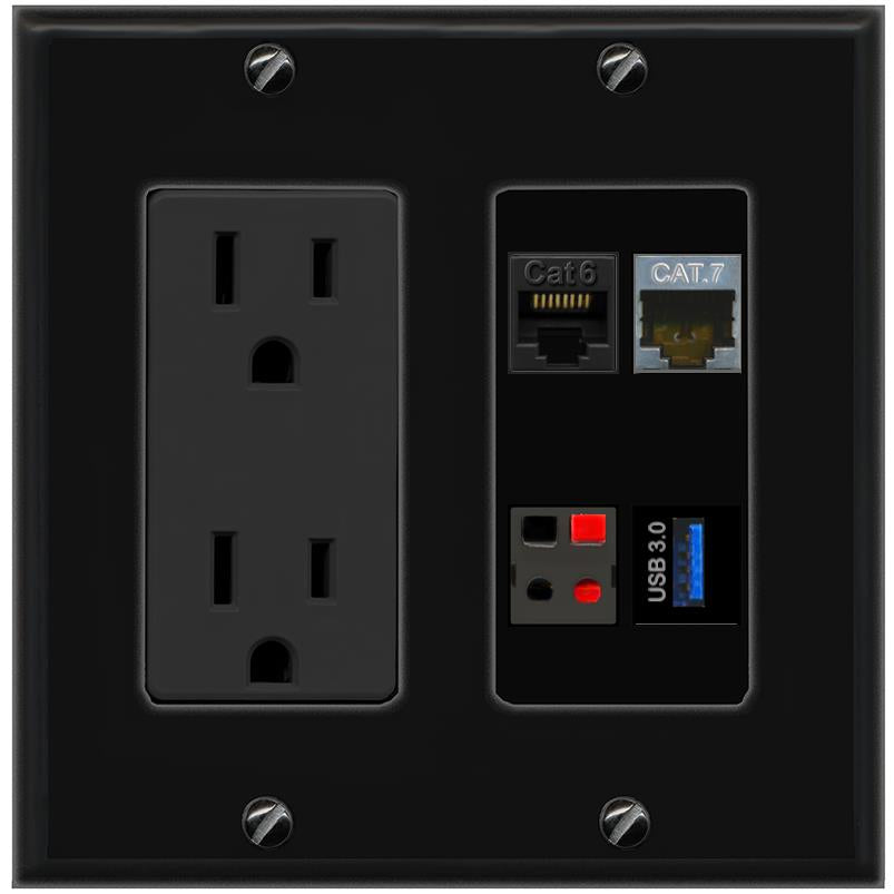RiteAV CAT6 CAT7 SPEAKER USB-3 Wall Plate with 15A Power Outlet [Black]