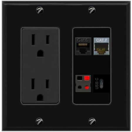 RiteAV CAT6 CAT7 SPEAKER USBC Wall Plate with 15A Power Outlet [Black]