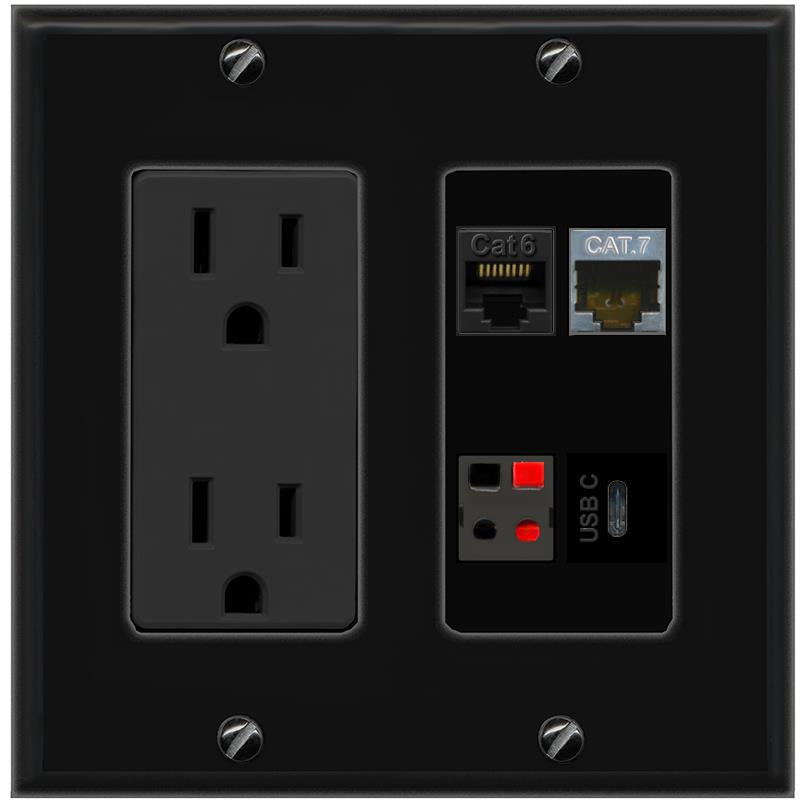 RiteAV CAT6 CAT7 SPEAKER USBC Wall Plate with 15A Power Outlet [Black]