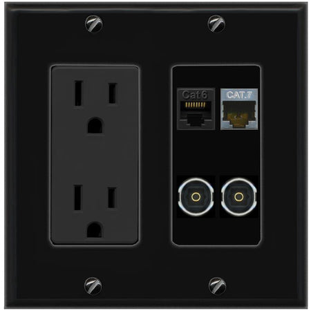 RiteAV CAT6 CAT7 2 TOSLINK Wall Plate with 15A Power Outlet [Black]