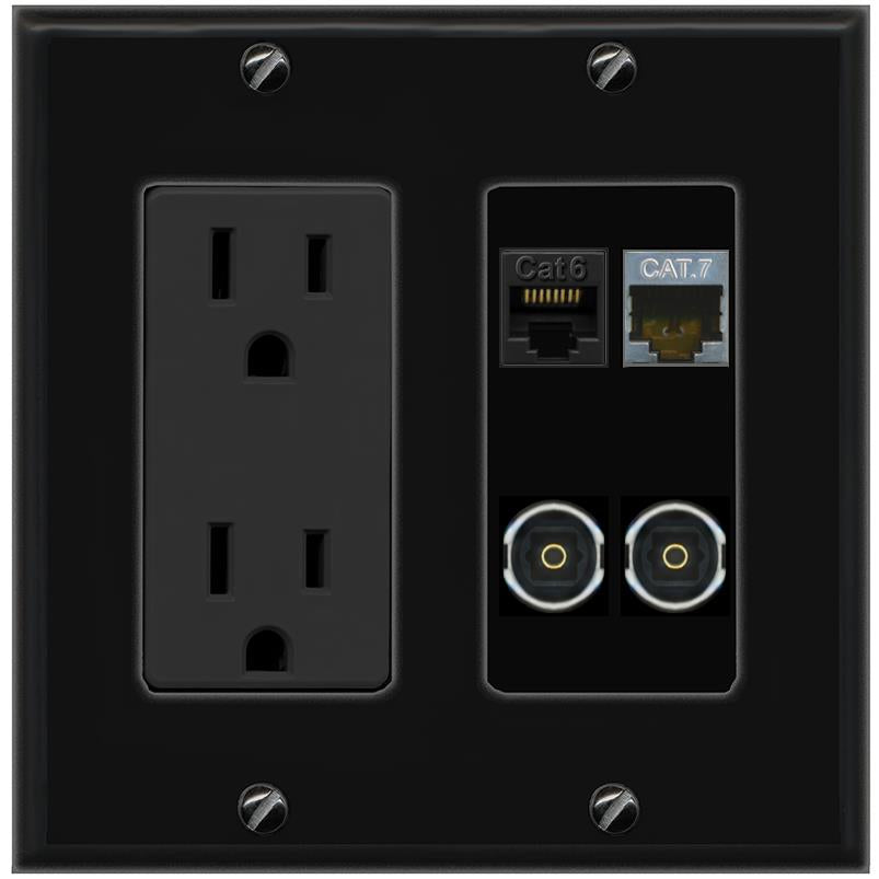 RiteAV CAT6 CAT7 2 TOSLINK Wall Plate with 15A Power Outlet [Black]