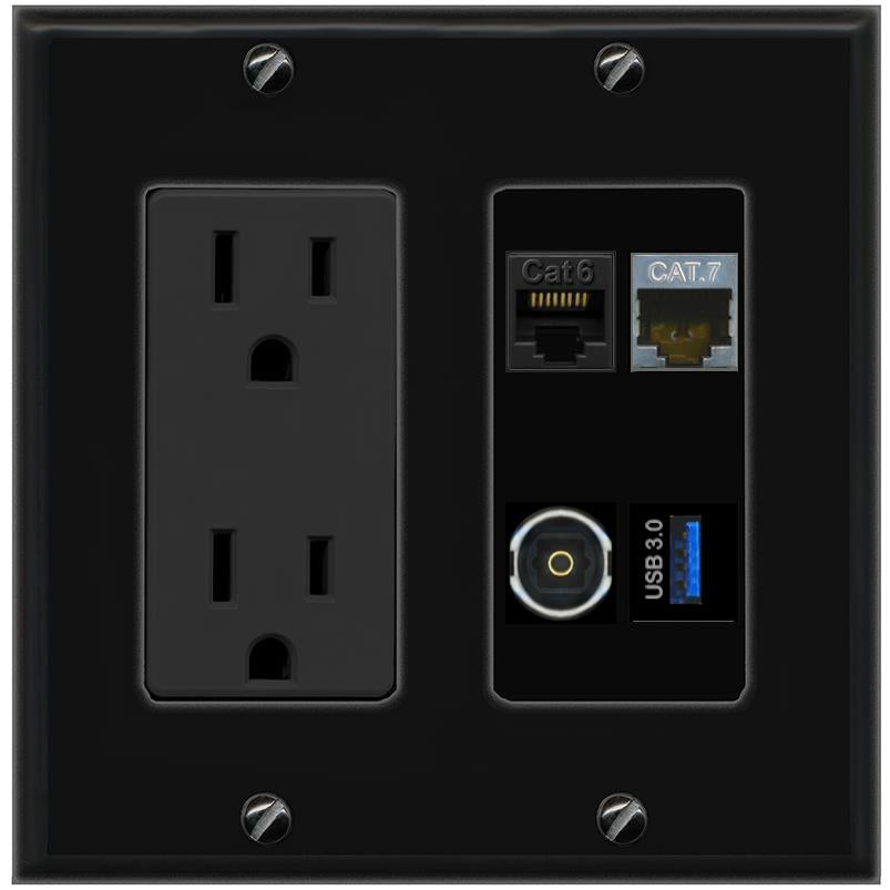 RiteAV CAT6 CAT7 TOSLINK USB-3 Wall Plate with 15A Power Outlet [Black]