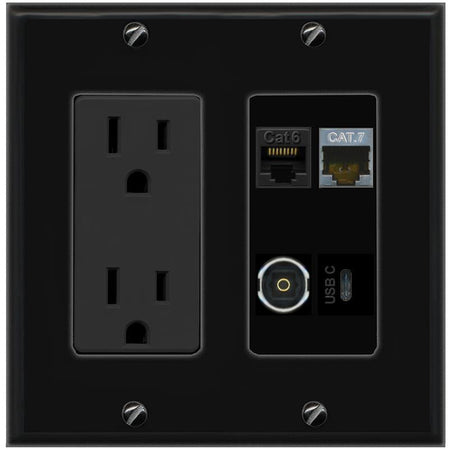 RiteAV CAT6 CAT7 TOSLINK USBC Wall Plate with 15A Power Outlet [Black]
