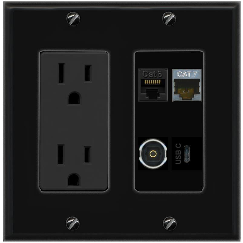 RiteAV CAT6 CAT7 TOSLINK USBC Wall Plate with 15A Power Outlet [Black]