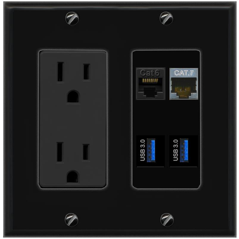 RiteAV CAT6 CAT7 2 USB-3 Wall Plate with 15A Power Outlet [Black]