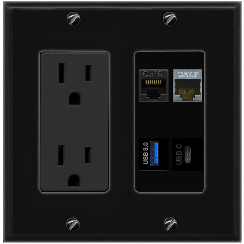 RiteAV CAT6 CAT7 USB-3 USBC Wall Plate with 15A Power Outlet [Black]
