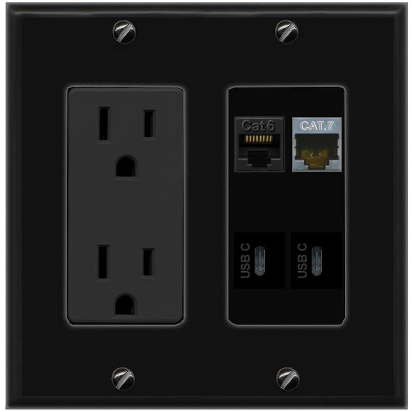 RiteAV CAT6 CAT7 2 USBC Wall Plate with 15A Power Outlet [Black]