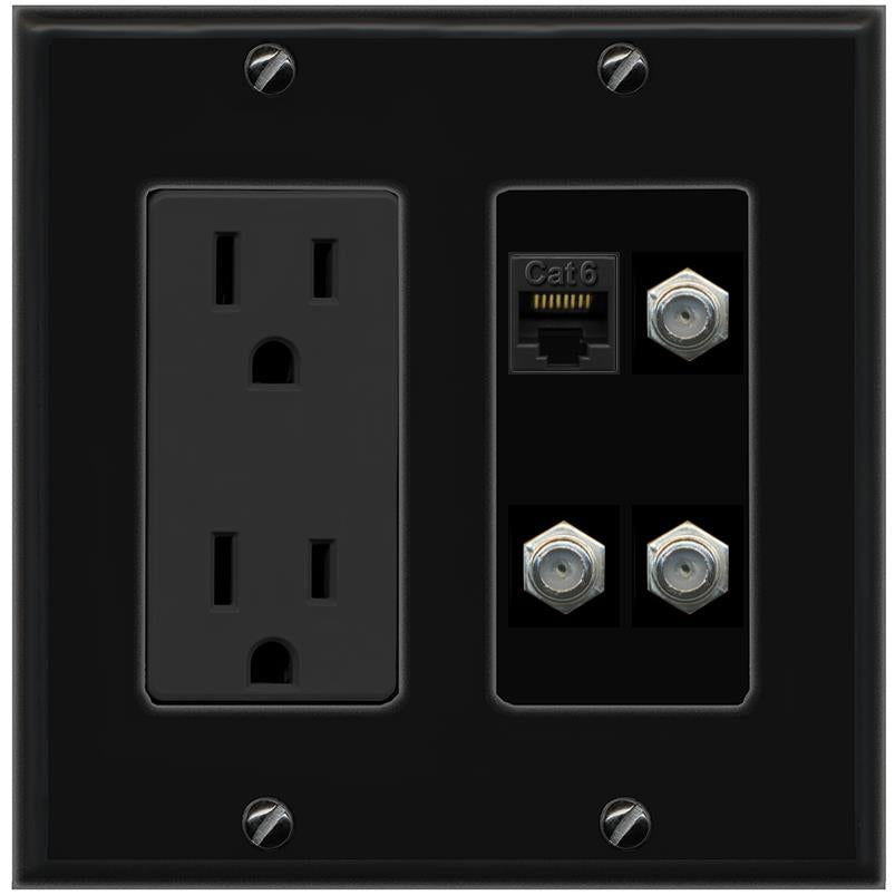 RiteAV CAT6 3 COAX Wall Plate with 15A Power Outlet [Black]