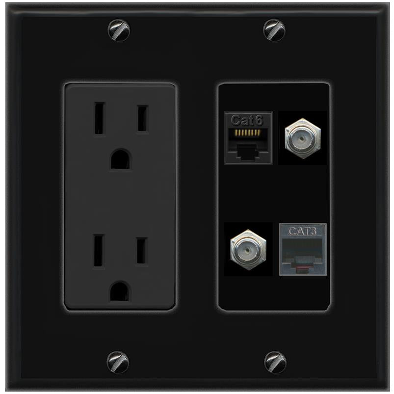 RiteAV CAT6 2 COAX PHONE Wall Plate with 15A Power Outlet [Black]