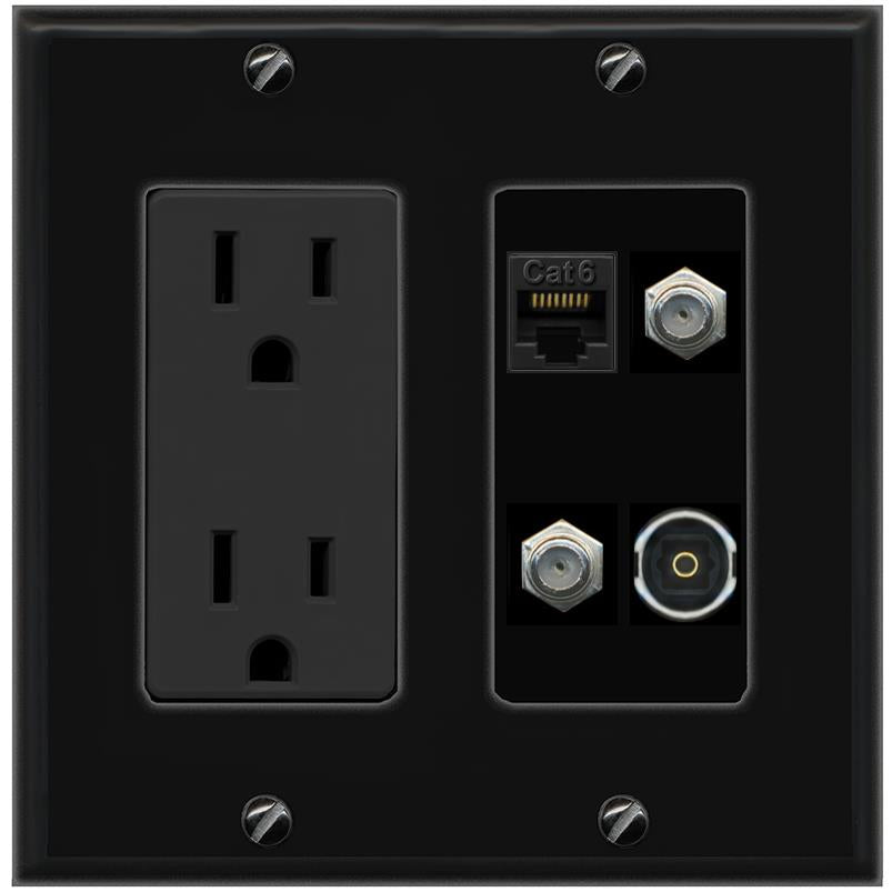 RiteAV CAT6 2 COAX TOSLINK Wall Plate with 15A Power Outlet [Black]
