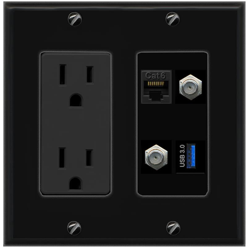 RiteAV CAT6 2 COAX USB-3 Wall Plate with 15A Power Outlet [Black]