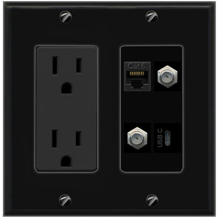 RiteAV CAT6 2 COAX USBC Wall Plate with 15A Power Outlet [Black]