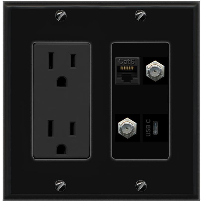 RiteAV CAT6 2 COAX USBC Wall Plate with 15A Power Outlet [Black]
