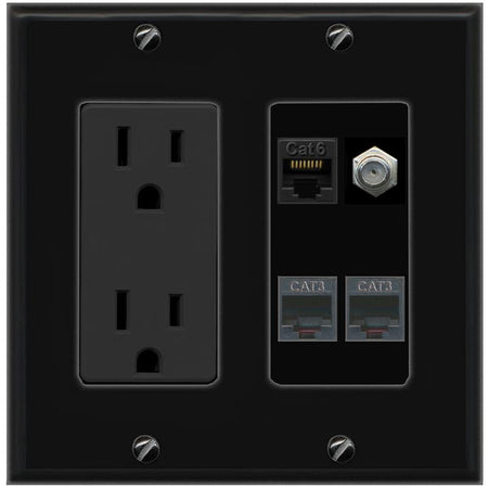 RiteAV CAT6 COAX 2 PHONE Wall Plate with 15A Power Outlet [Black]