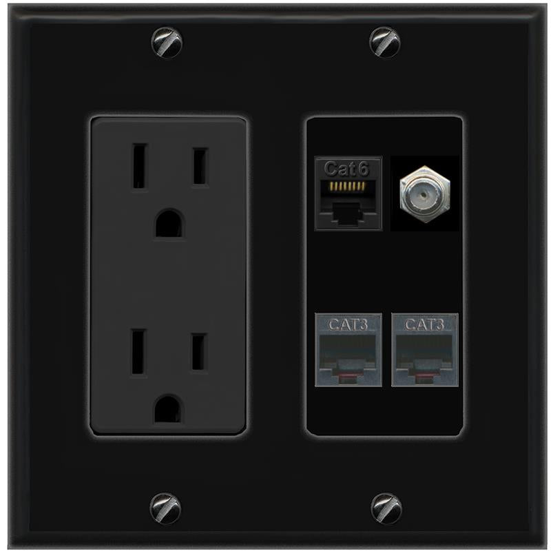RiteAV CAT6 COAX 2 PHONE Wall Plate with 15A Power Outlet [Black]
