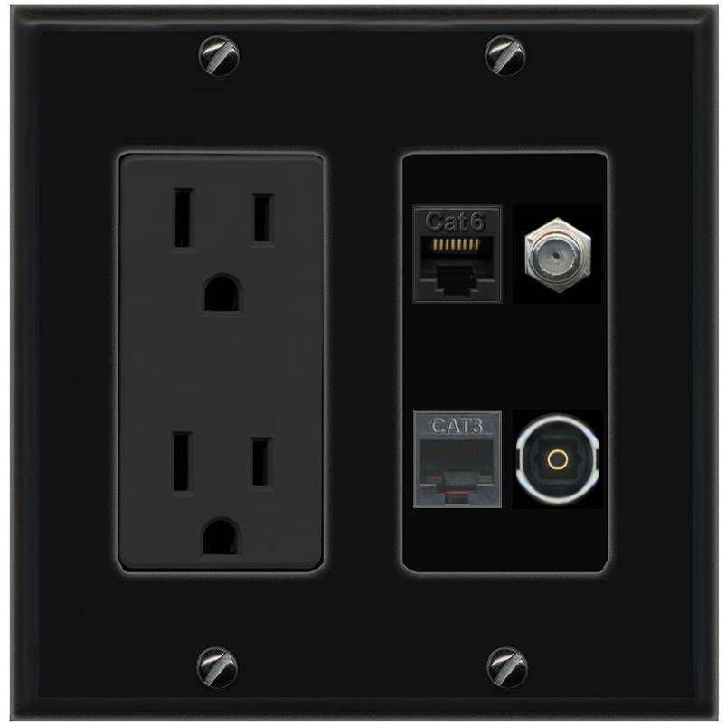 RiteAV CAT6 COAX PHONE TOSLINK Wall Plate with 15A Power Outlet [Black]