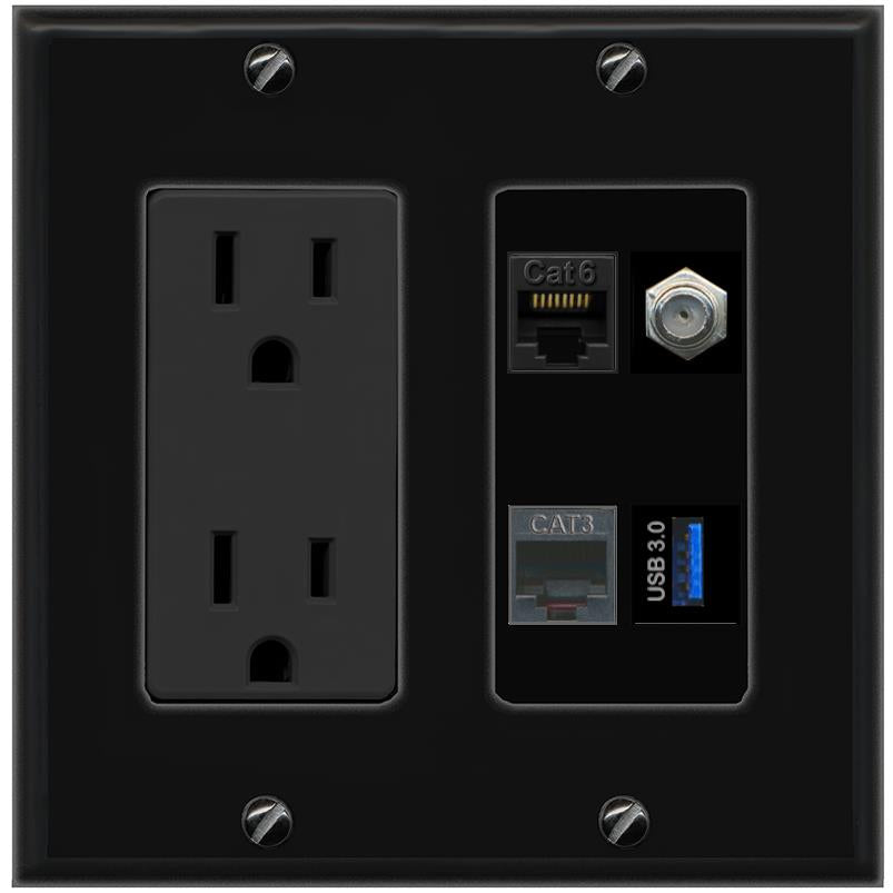 RiteAV CAT6 COAX PHONE USB-3 Wall Plate with 15A Power Outlet [Black]