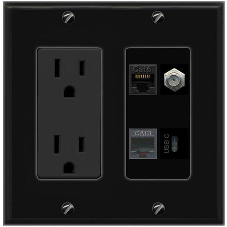 RiteAV CAT6 COAX PHONE USBC Wall Plate with 15A Power Outlet [Black]
