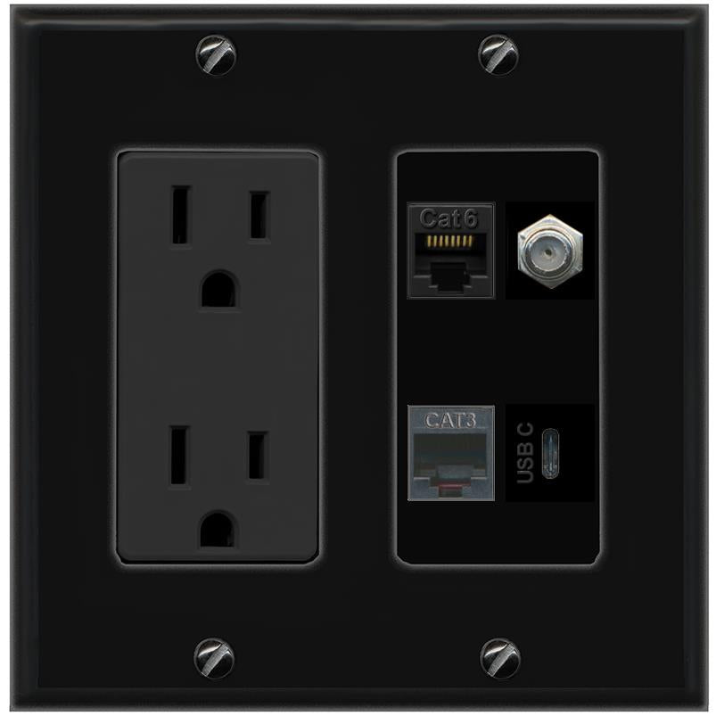 RiteAV CAT6 COAX PHONE USBC Wall Plate with 15A Power Outlet [Black]