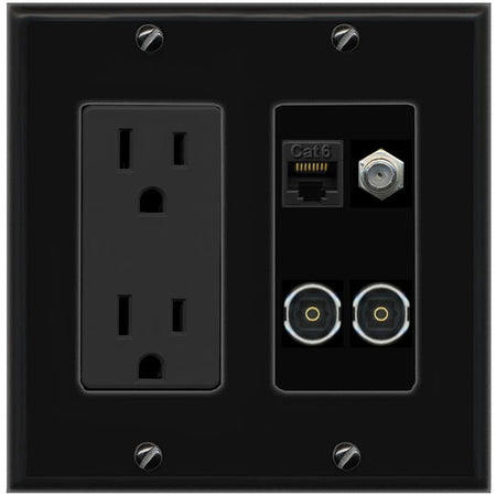 RiteAV CAT6 COAX 2 TOSLINK Wall Plate with 15A Power Outlet [Black]