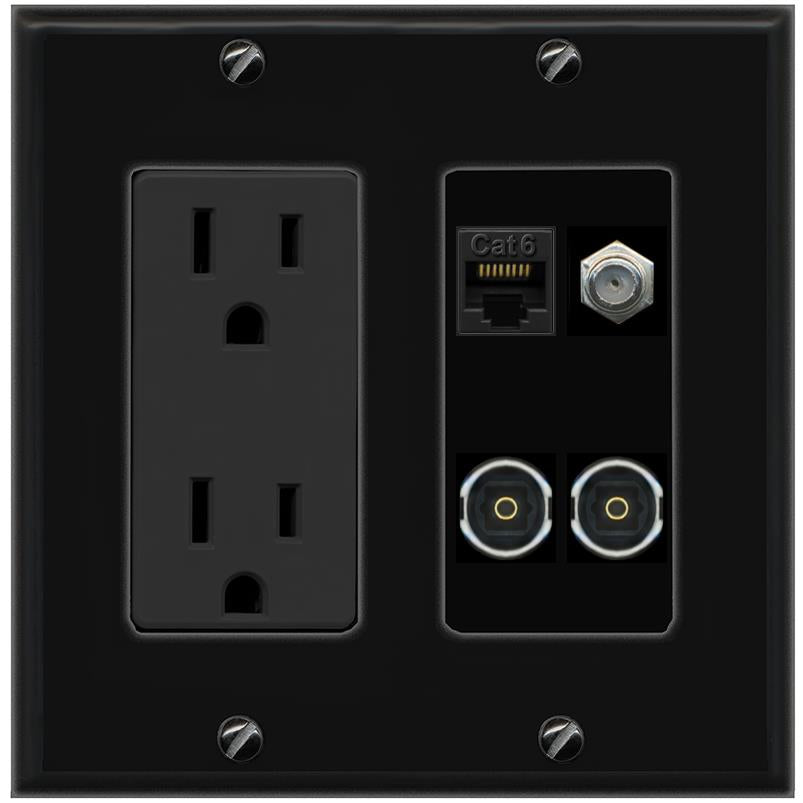 RiteAV CAT6 COAX 2 TOSLINK Wall Plate with 15A Power Outlet [Black]