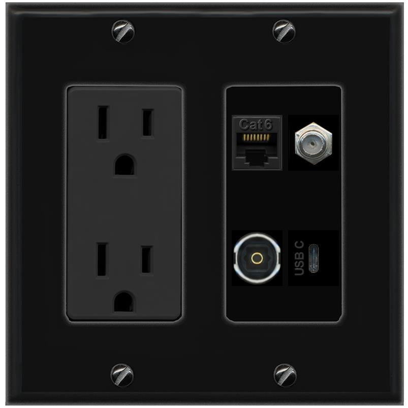 RiteAV CAT6 COAX TOSLINK USBC Wall Plate with 15A Power Outlet [Black]