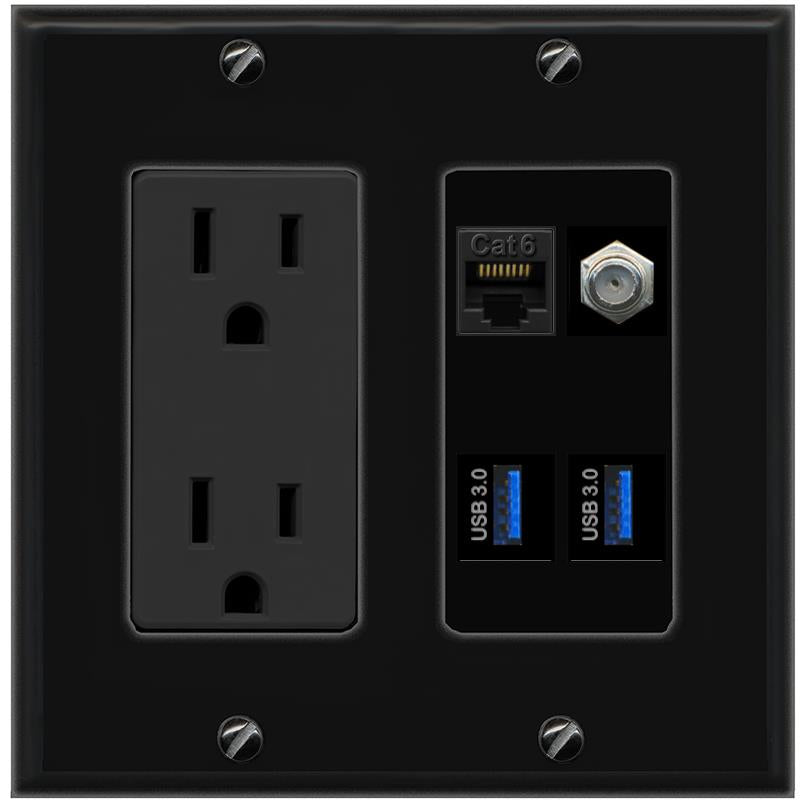 RiteAV CAT6 COAX 2 USB-3 Wall Plate with 15A Power Outlet [Black]